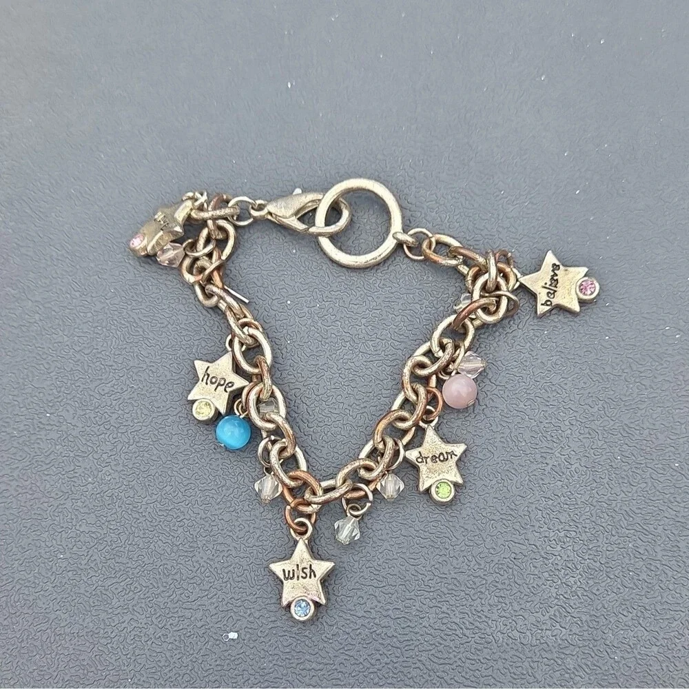 Bronze Tone Star Charm Chain Bracelet w/ Multicolor Dangle Charms, Lobster Clasp